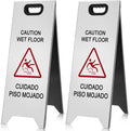 2 Pcs 24 Inch Stainless Steel Wet Floor Sign, Heavy Duty Caution Wet Floor Sign Double Sided Portable Foldable Bilingual Safety Warning for Restaurant Restroom Office Avoid Fall(Silver)