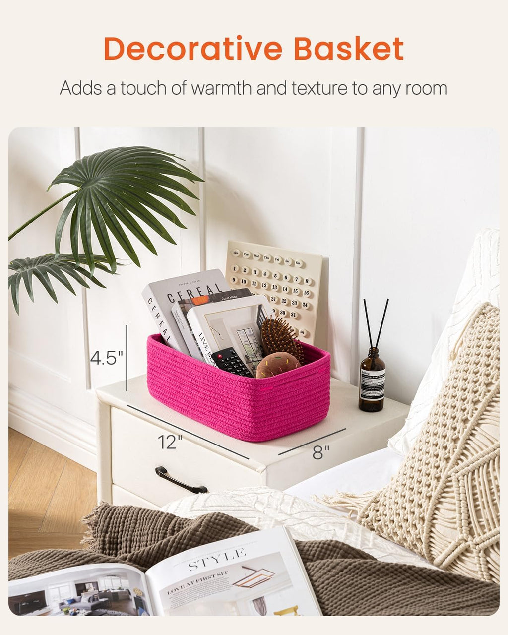 Small Woven Basket, 12 x 8 x 4.5 Inches, Storage Basket for Organizing, Cute Small Rope Shelf Closet Cube Storage Bins Baskets for Shelves, Dog Toy Gift Baskets Empty, 3 Packs, Hot Pink