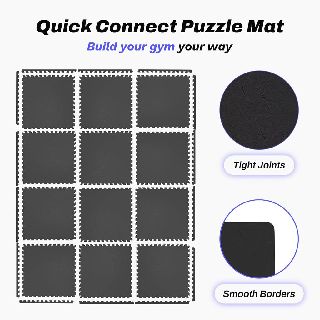 AIRHOP 0.56in Thick 48 Sq Ft Exercise Equipment Mats, 12 Tiles Upgraded Rubber Top with High Density EVA Foam, Large Interlocking Puzzle Gym Flooring for Home Gym, Heavy Weight Workout,Black