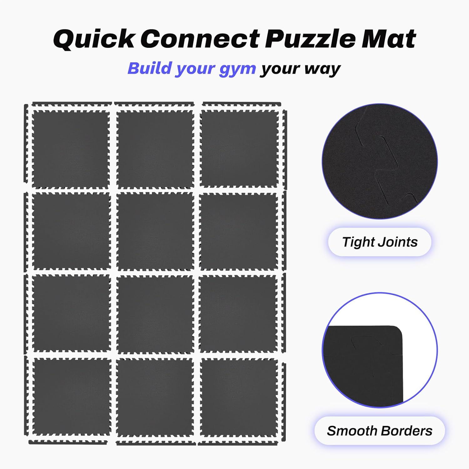 AIRHOP 0.56in Thick 48 Sq Ft Exercise Equipment Mats, 12 Tiles Upgraded Rubber Top with High Density EVA Foam, Large Interlocking Puzzle Gym Flooring for Home Gym, Heavy Weight Workout,Black