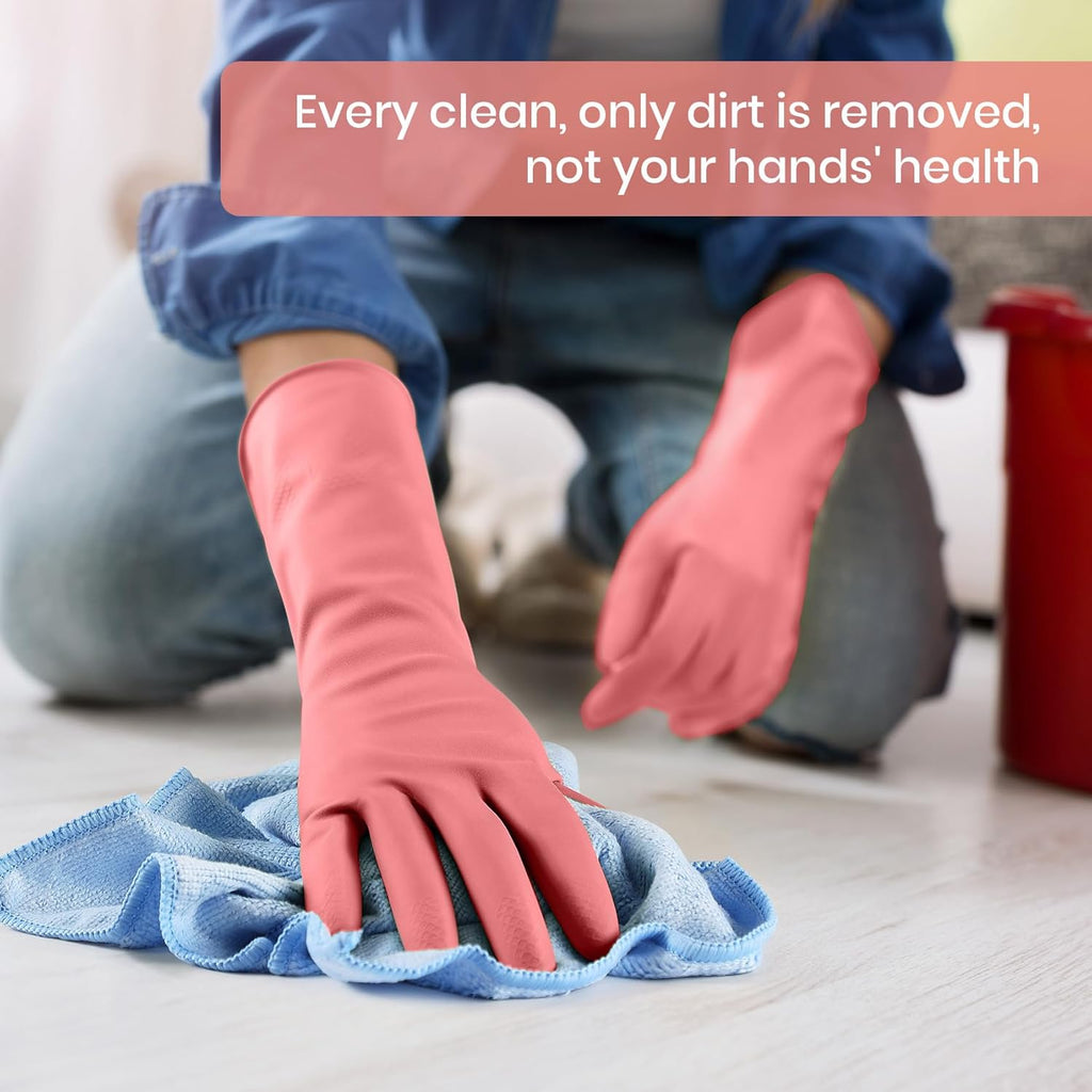 Rubber Cleaning Gloves for Dishwashing, 4 Pairs Reusable Kitchen Gloves for Washing Dishes and Household Cleaning, Pink Dish Gloves with Flocked Lining and Non-Slip Grip, Pefect for Woman Men - L