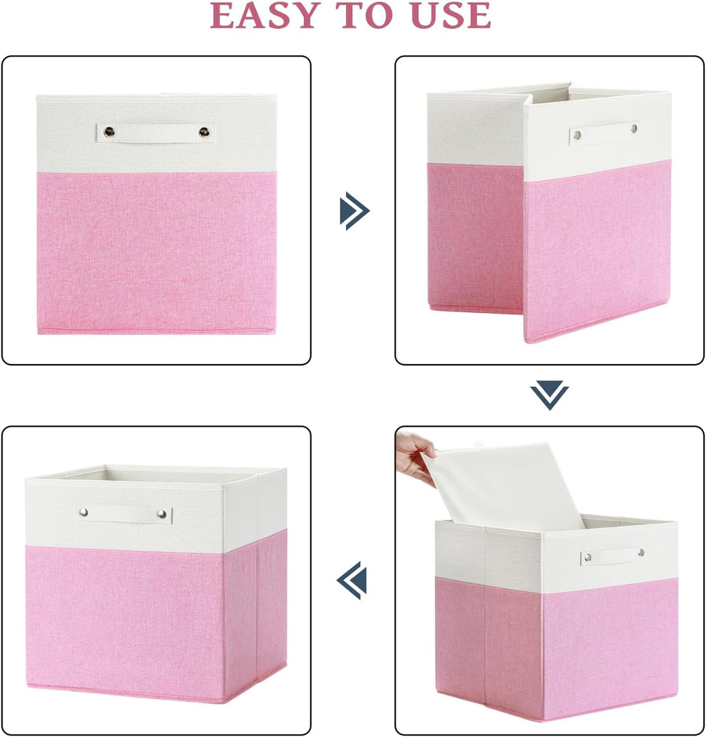 13 x 13 Inch Fine Linen Storage Bins with Handles，Fabric Cube Boxs，Collapsible Basket Organizers for Shelves for Home, Closet Drawers (White/Pink-6 Pack)