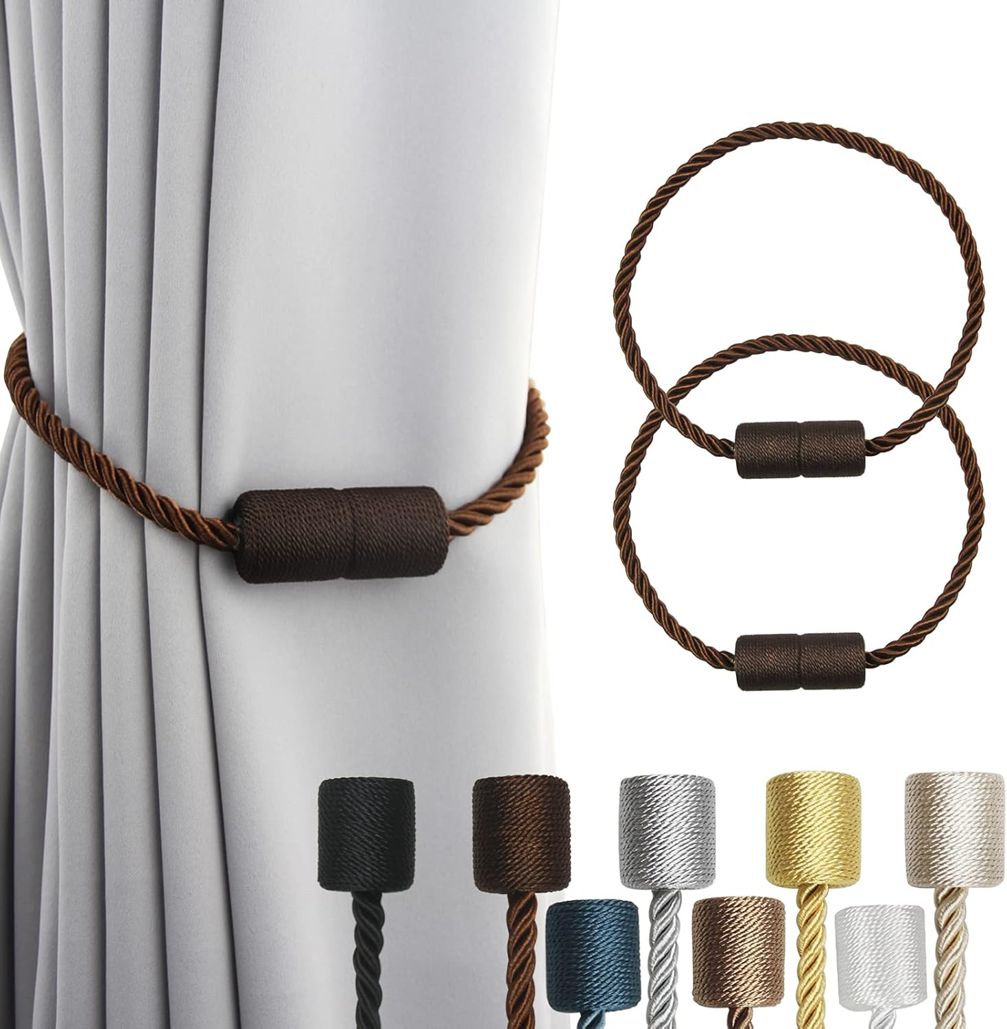 2 Pack Strong Magnetic Curtain Tiebacks Outdoor Elegant Decorative Tie Backs Modern Rope Tiebacks for Drapes Window Curtain Holdbacks for Draperies- Coffee