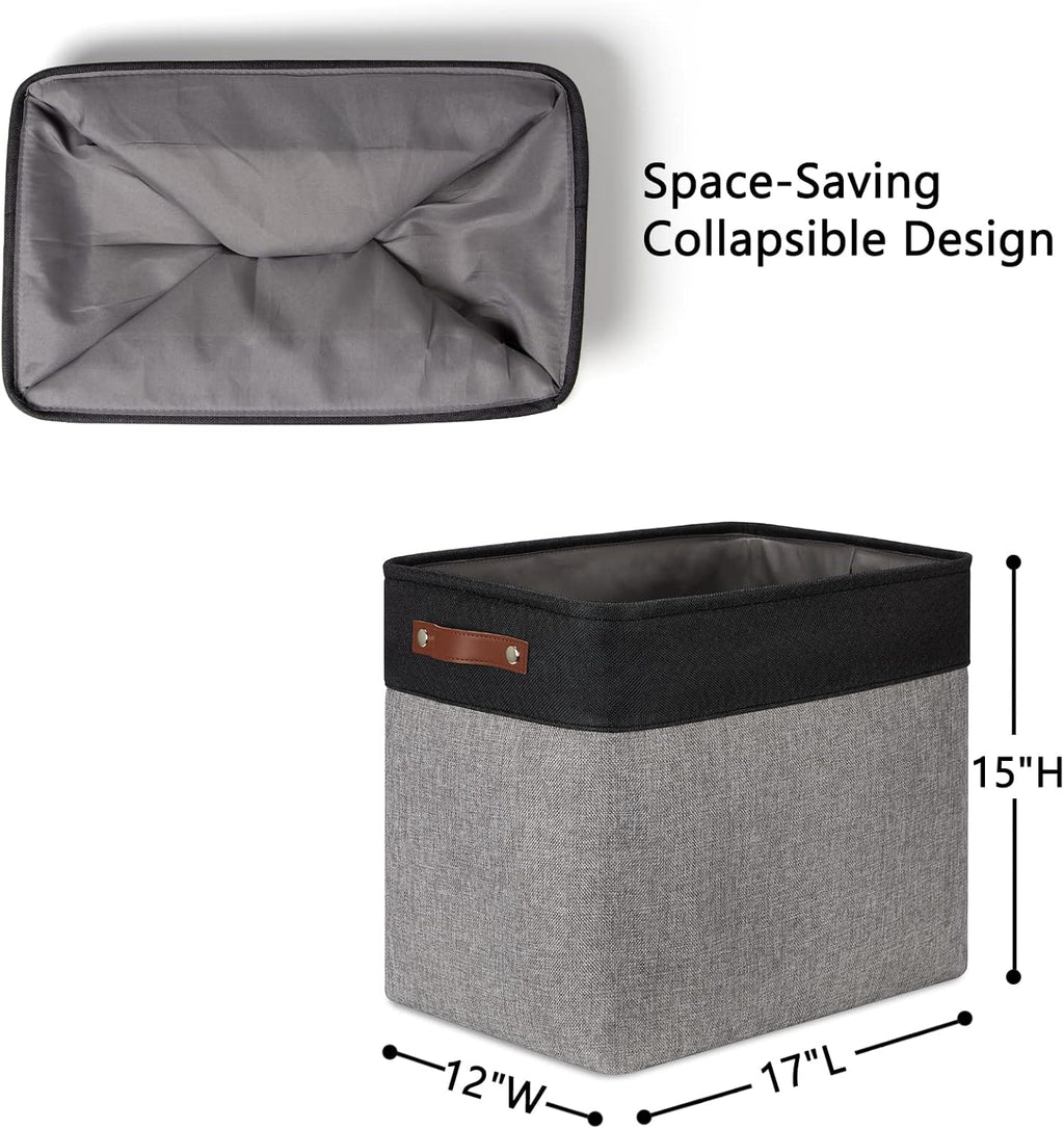 DULLEMELO Large Collapsible Storage Basket/Bin with Sturdy Leather Handles, Fabric Organizer Bin for Storage Clothes, Toys, Books, Office, Bedroom, Closet, Nursery & Laundry (Black&Gray)
