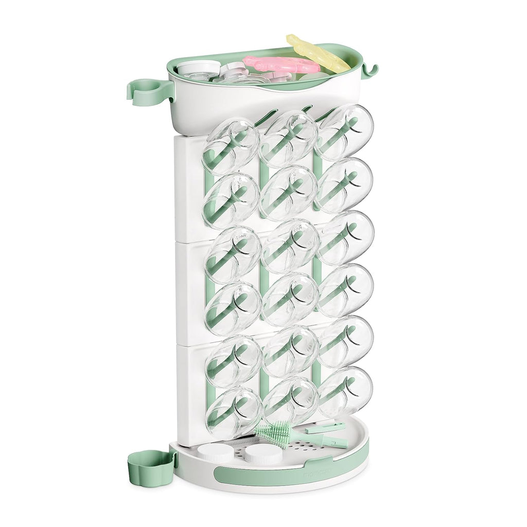Momcozy DIY Larger Bottle Drying Rack for 18 Bottles, Space Saving Countertop Vertical Rack with Brushes Holder, Detachable Travel Bottle Rack for Baby Accessories & Pump Parts