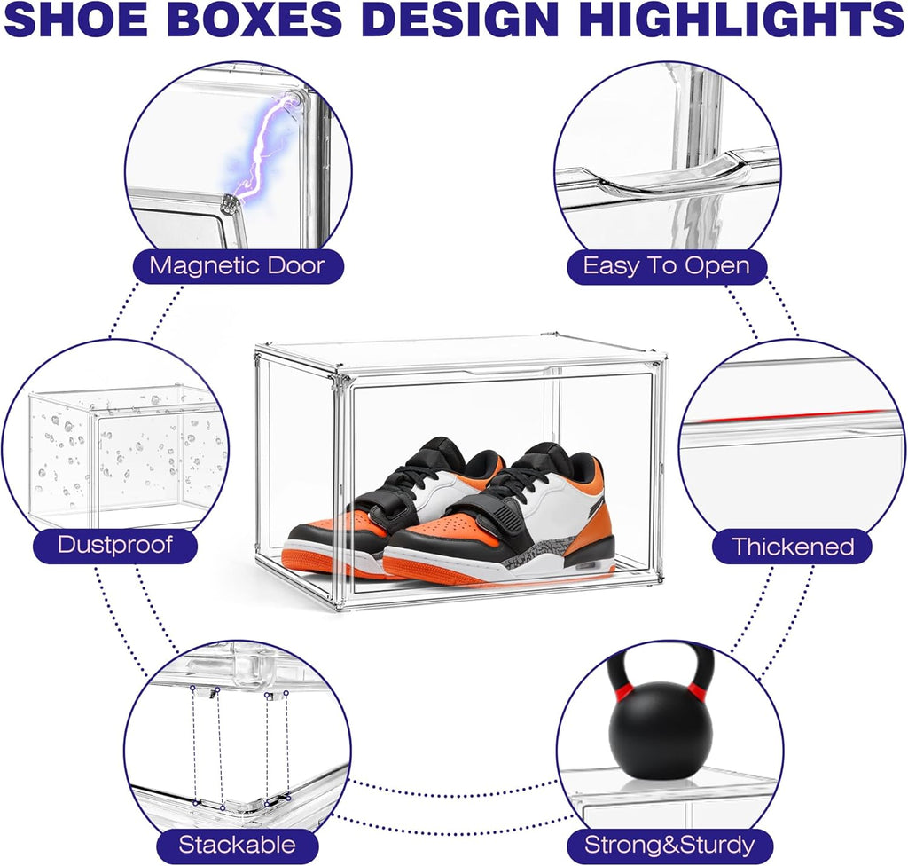 Shoe Storage 6 Pack, Acrylic Clear Shoe Storage Box Stackable Large Sneakers Display Case with Magnetic Door Hat Boxes Shoe Organizer for Closet, Fit up to US Size 13