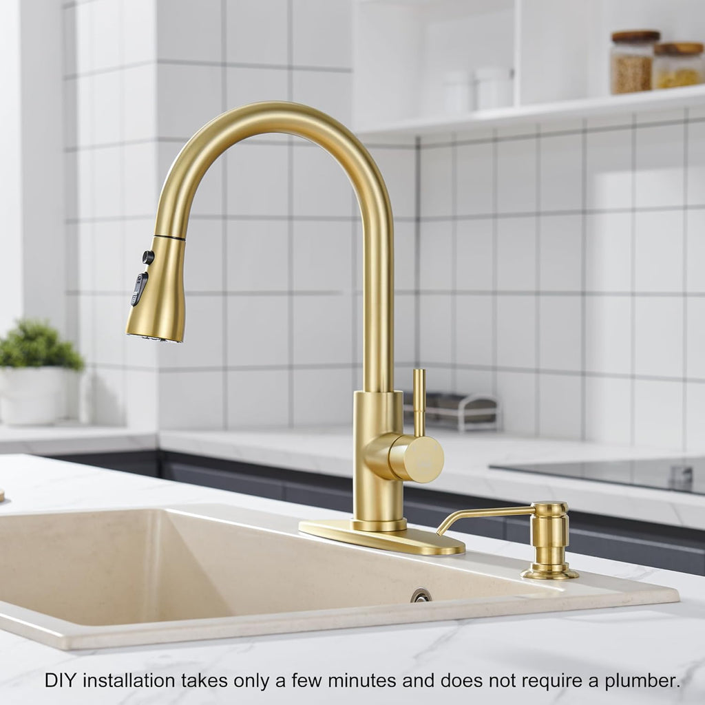 Gagal Kitchen Sink Soap Dispenser (Brushed Gold) and Extension Tube Kit for Kitchen Sink, Complete Brass Head with 40" Silicone Tube Connect to The Bottle Directly, Say Goodbye to Frequent Refills