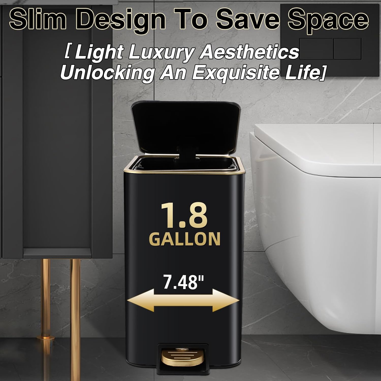 Small Bathroom Trash Can with Lid Soft Close, 1.8 Gallon Stainless Steel Garbage Can with Removable Inner Bucket,80Count Compostable Trash Bags, Slim Step Pedal Trash Bins