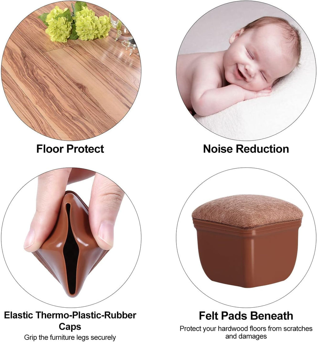 Ezprotekt 24 Pcs Square Chair Leg Floor Protectors with Felt, Silicone Felt Furniture Pads Cups for Hardwood Floor, Dining Table Leg Caps Covers No Scratches (L Fit: 1" to 1.4", Brown)