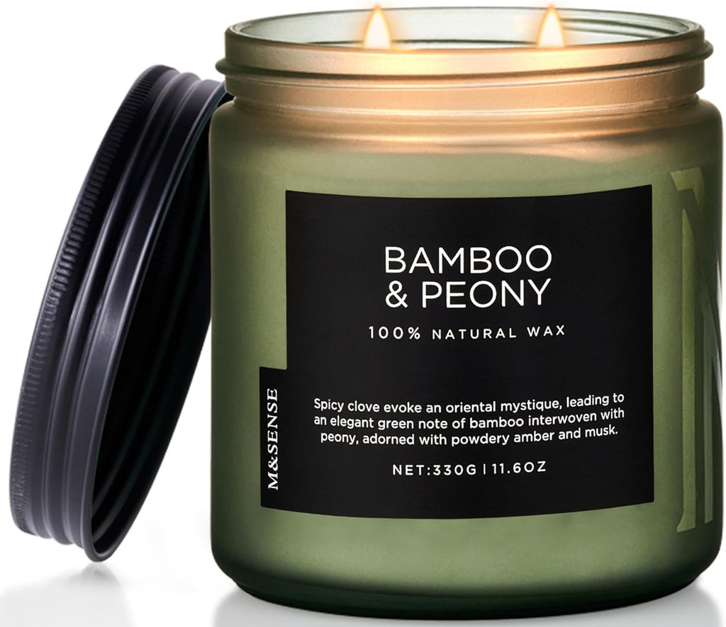 M&SENSE Bamboo Peony Scented Candle, 11.6oz Aromatherapy Jar Candle, 70 Hour Burn Time, Natural Soy Wax Blend, Stress Relief, Home Fragrance