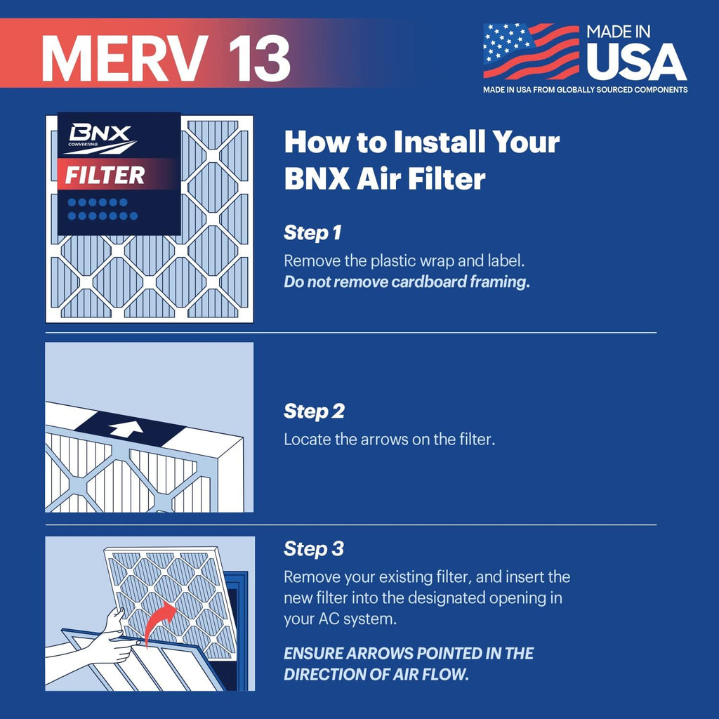 BNX TruFilter 20x25x1 Air Filter MERV 13 (6-Pack) - MADE IN USA - Electrostatic Pleated Air Conditioner HVAC AC Furnace Filters for Allergies, Pollen, Mold, Bacteria, Smoke, Allergen, MPR 1900 FPR 10