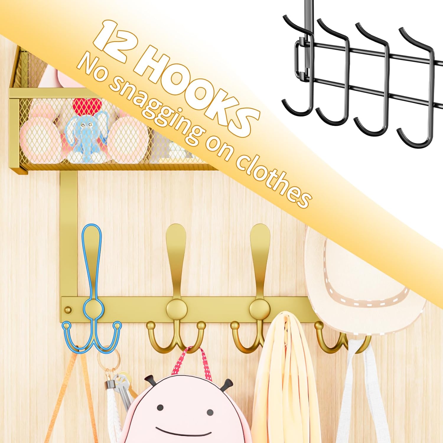 Over The Door Hooks Organizer, Coat Rack Over The Door Storage Hanger Towel Rack, Back of Storage Organizer for Bathroom,Bedroom,Kitchen,Office(Gold 2-Tier)