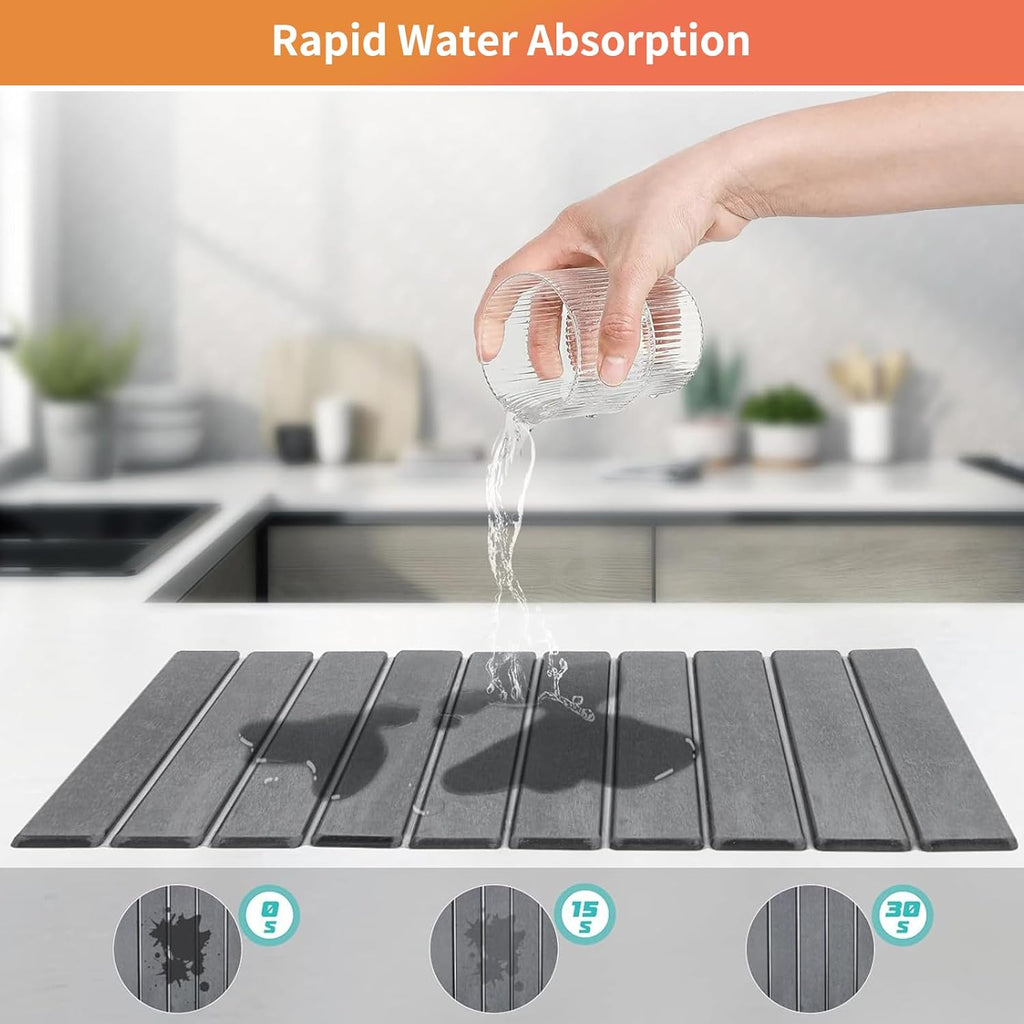 Diatomaceous Stone Dish Drying Mat - 24x16In Large Quick Dry Water Absorbing Mat for Kitchen Counter, Non-Slip Heat Resistant Dish Drying Pad