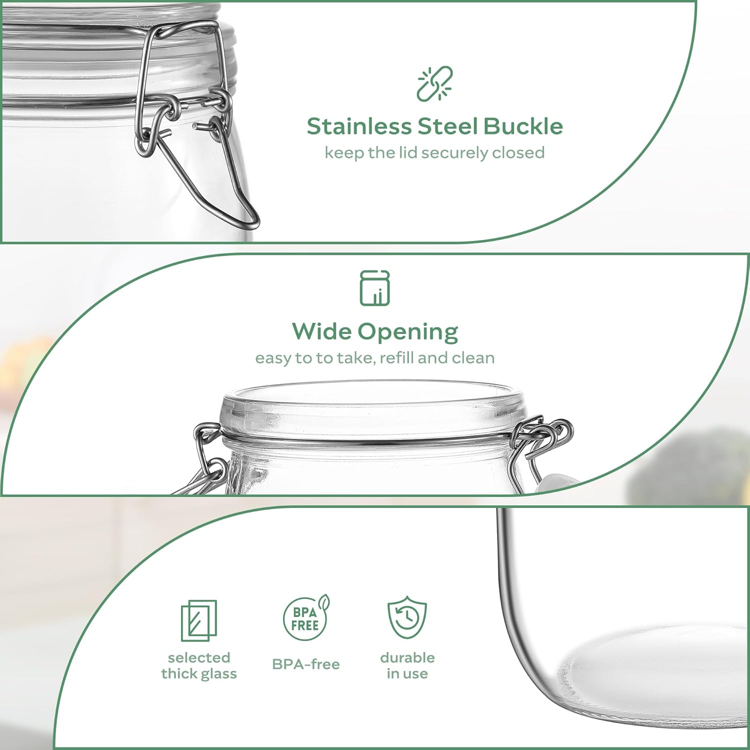 Glass Food Storage Jars with Airtight Lids 34 oz Round 4 Pack Kitchen Storage Containers Large Cabinet Canisters Sealed Pot Canning for Pasta, Cereal, Coffee, Beans, Spice