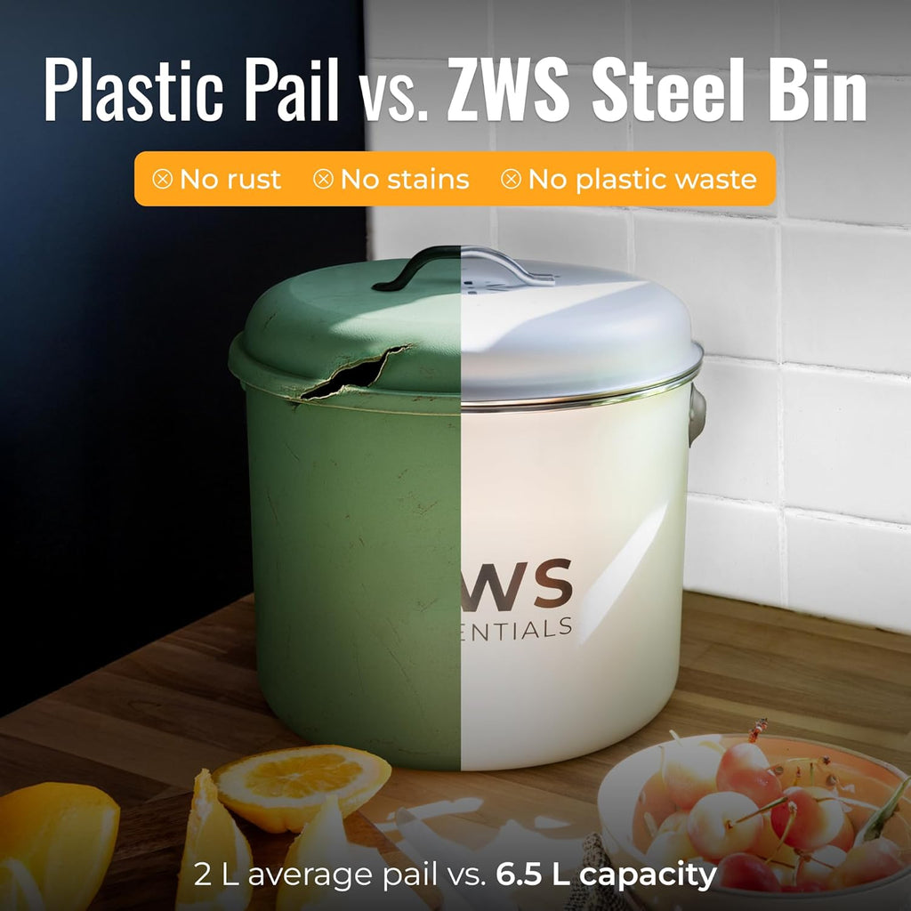 White Stainless Steel Compost Bin | 6.5L Odor-Free Kitchen Countertop Food Scrap Pail with Charcoal Filter | Compact Zero Waste Solution for Home and Apartment Kitchens