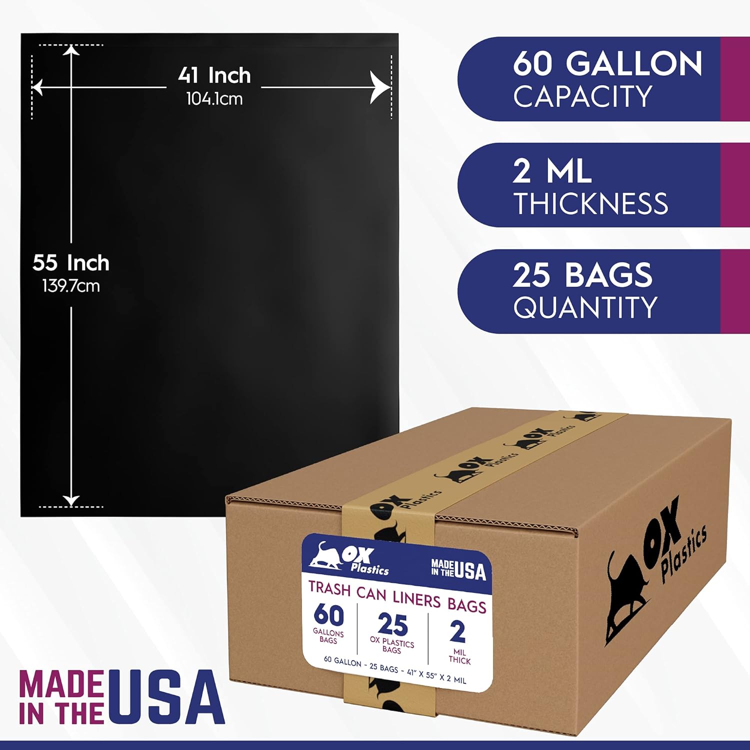 Ox Plastics Trash Can Liners Bags - 60 Gallon Capacity & 2mil Thick Extra Heavy Duty Strength - Large Garbage, Leak-Proof & Durable, House & Commercial Use Bags Black - 25 Count