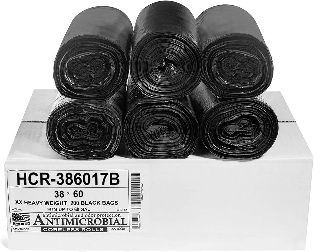 Aluf Plastics High Density Trash Bags, 60 Gallon, 200 Count, 17 Micron (eq), 38" x 60", Black, for Bathroom, Office, Industrial, Commercial, Janitorial, Municipal, Recycling
