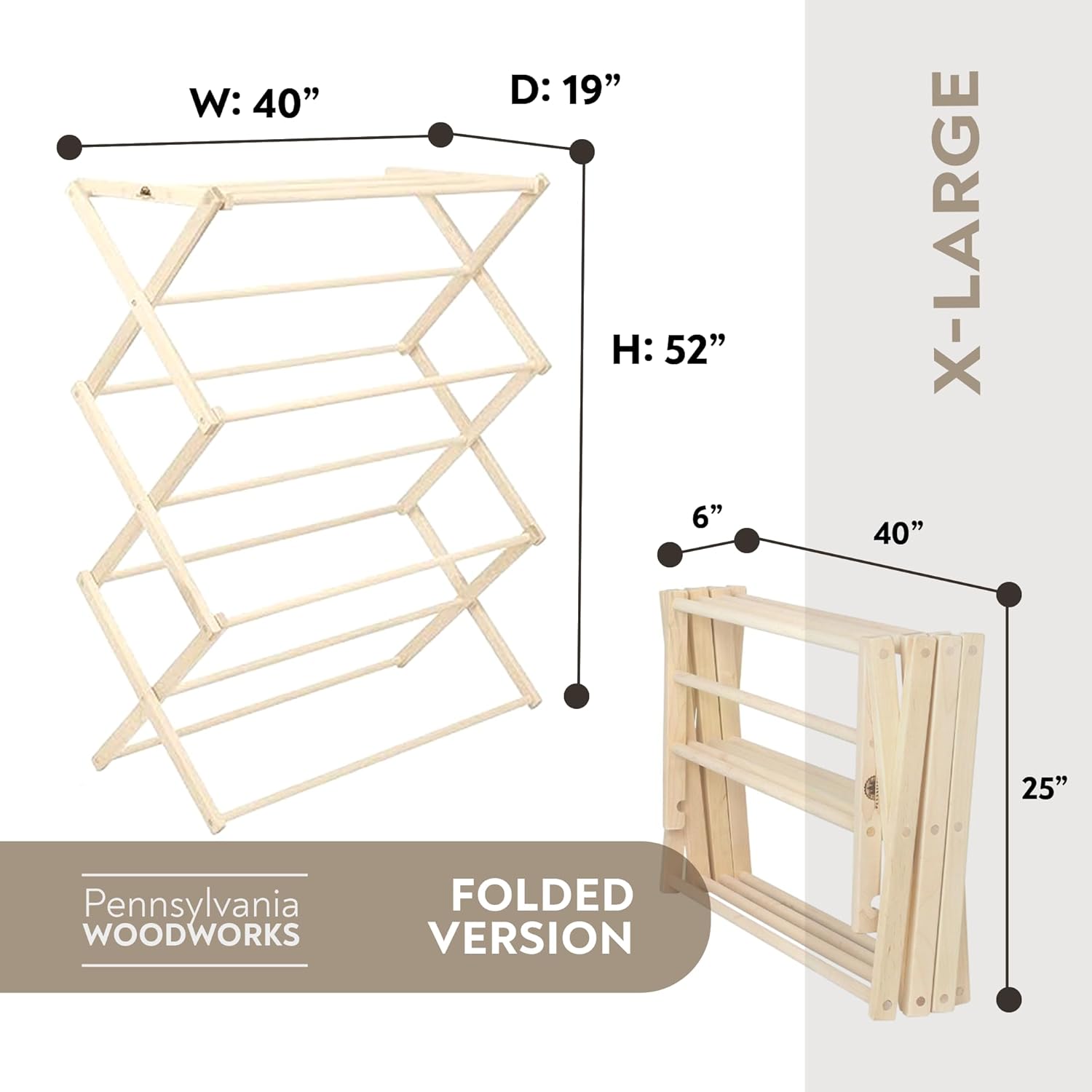 Pennsylvania Woodworks Premium American Maple Clothes Drying Rack - Handcrafted in Pennsylvania - Solid Wood Construction, Collapsible, Eco-Friendly Laundry Solution (X-Large)