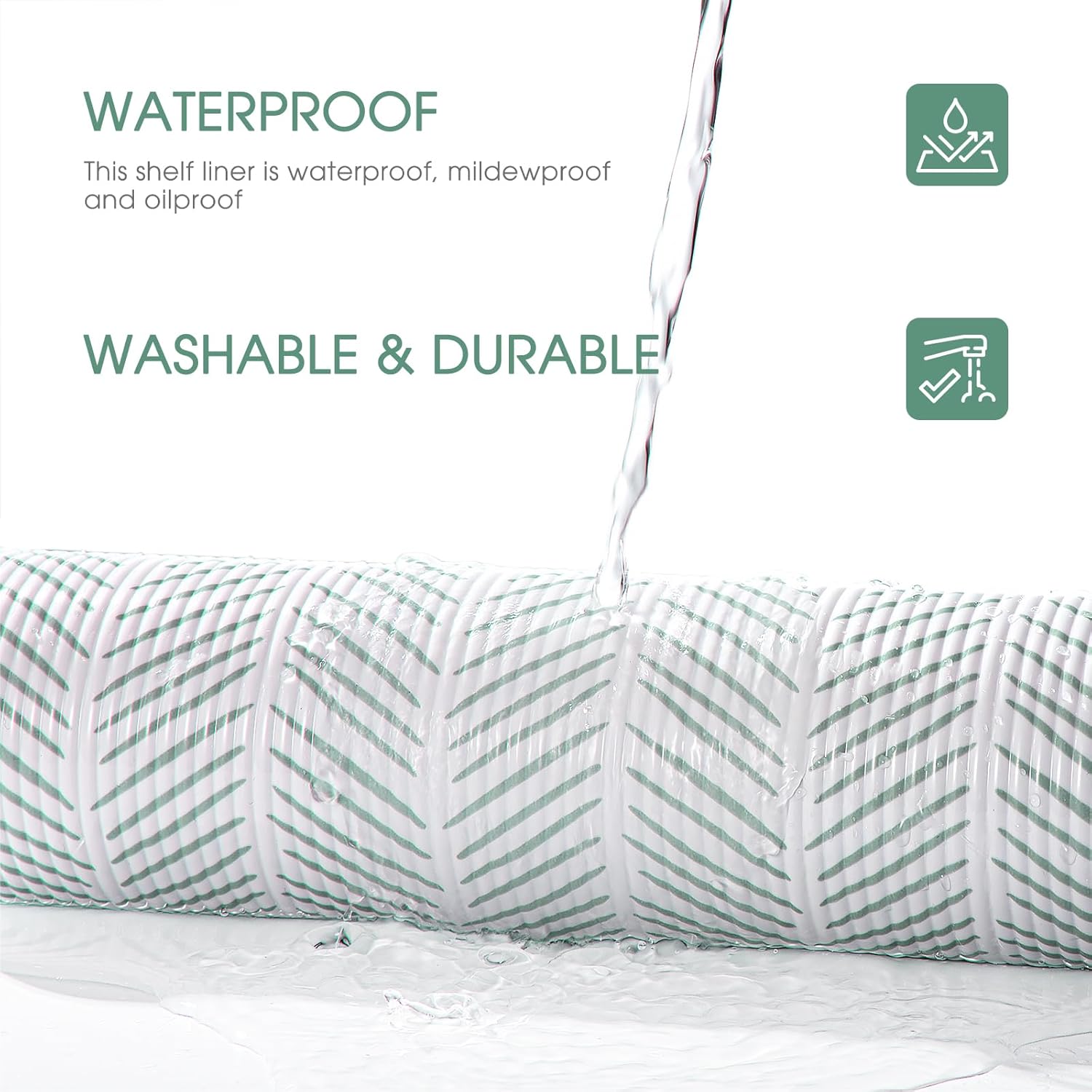 Glotoch Non Adhesive Shelf Liners for Kithchen Cabinets,Non Slip Waterproof Drawer Liners for Dresser, Liner, Fridge, Wire Shelving,Pantry,Heavy Duty, White and Green Herringbone 12X60 Inch