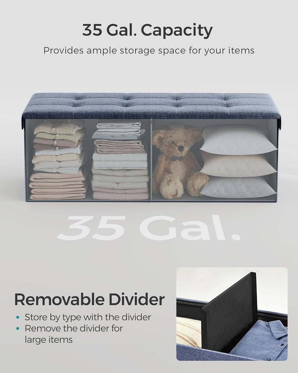 SONGMICS MAZIE Collection - 43 Inches Folding Storage Ottoman Bench, Ottoman Foot Rest, End of Bed Bench, Storage Chest, Load 660 lb, for Living Room, Bedroom, Entryway, Misty Blue ULSF077Q01