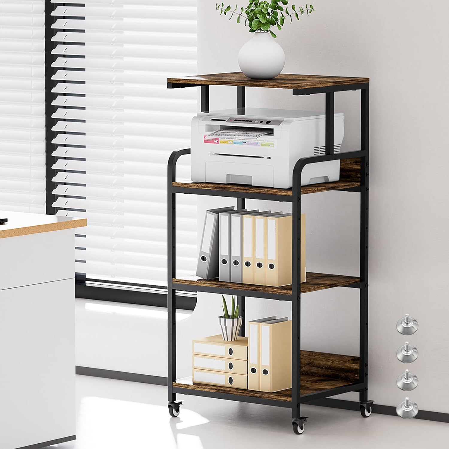 4 Tier Printer Stand with Storage Shelf, Large Tall Printer Table for Home Office, Movable Printer Cart with Industrial Wheels for Paper Shredder Scanner Fax Heat Press Small Space (Rustic Brown)