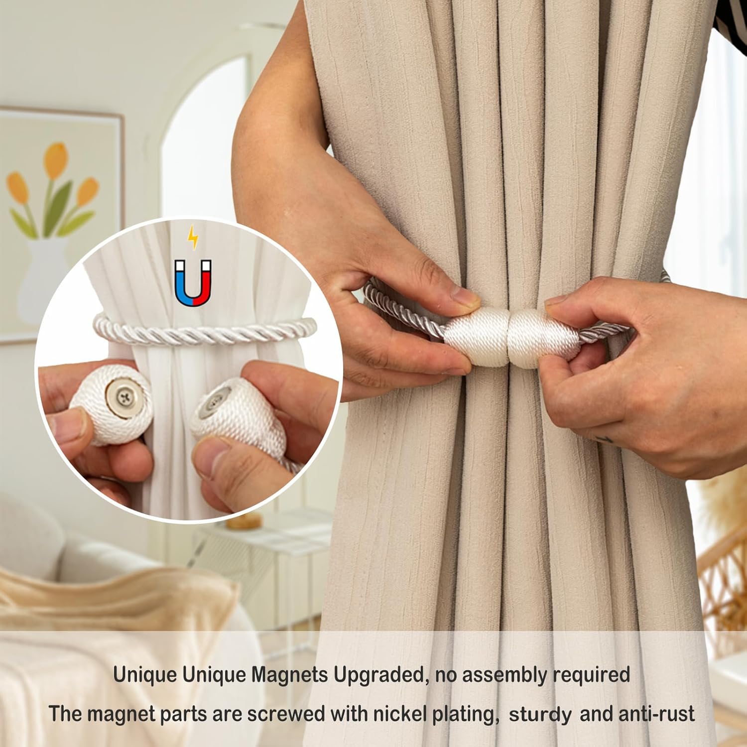Magnetic Curtain Tiebacks Rope Tie Backs 2 Pack Curtains Holders for Drapes Decorative Window Holdbacks, White