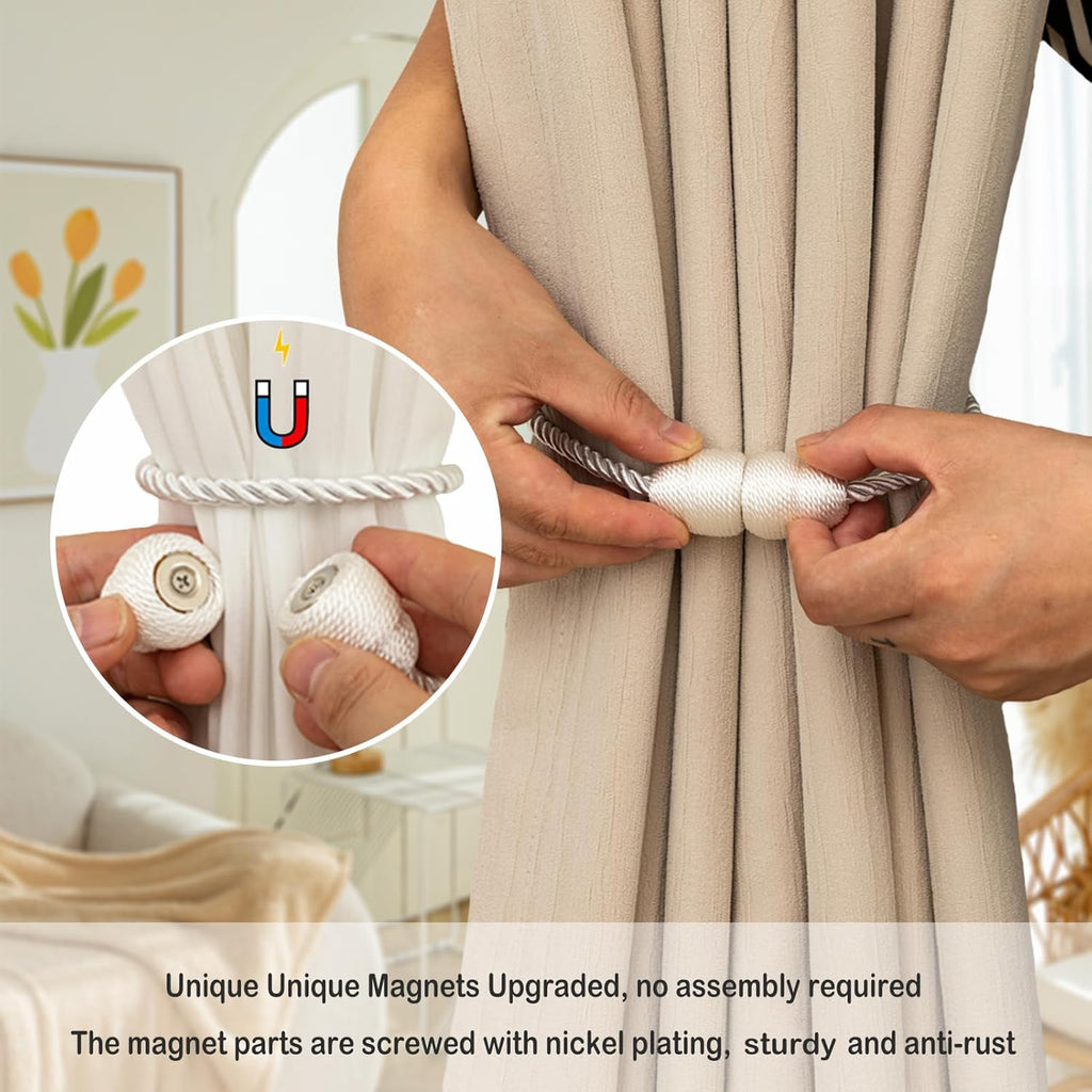 Magnetic Curtain Tiebacks - Rope Tie Backs for Curtains & Drapes - Decorative Window Holdbacks (6 Pack, White)