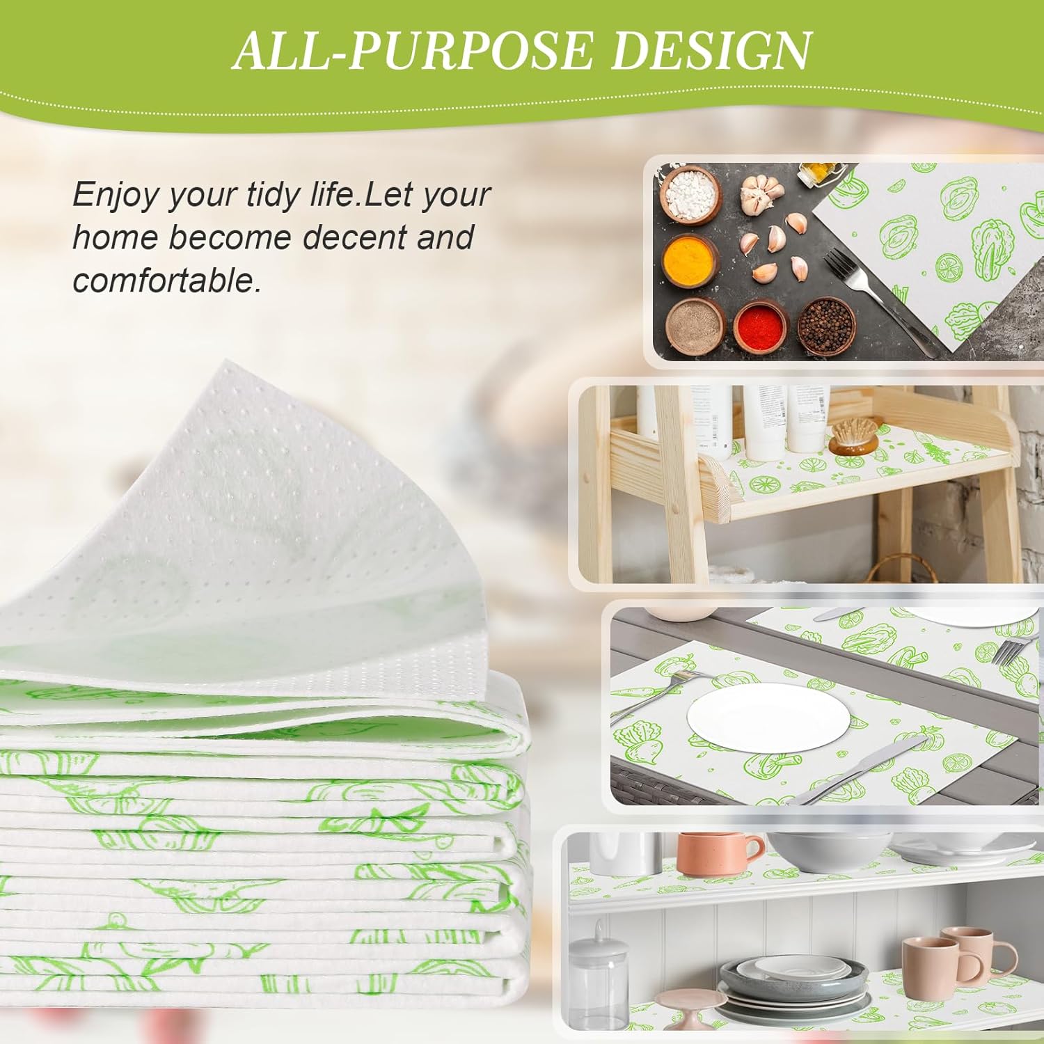 Cooyes Refrigerator Liners 17.7" x 24", 12 Pack, Absorbent Non-Slip Washable Fridge Mats, Shelf Liner for Kitchen Cabinets Non-Adhesive, Green Veggie