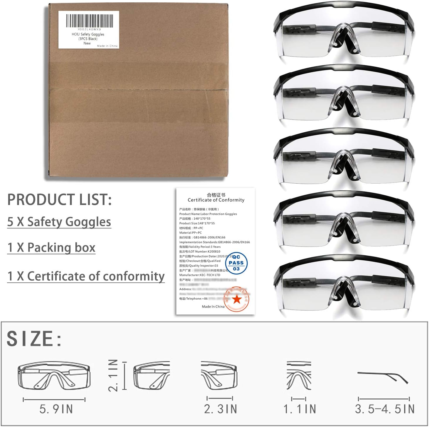 Safety Glasses, 5PCS Adjustable Wide-Vision Protective Glasses, Lightweight Fog-Proof Safety Goggles
