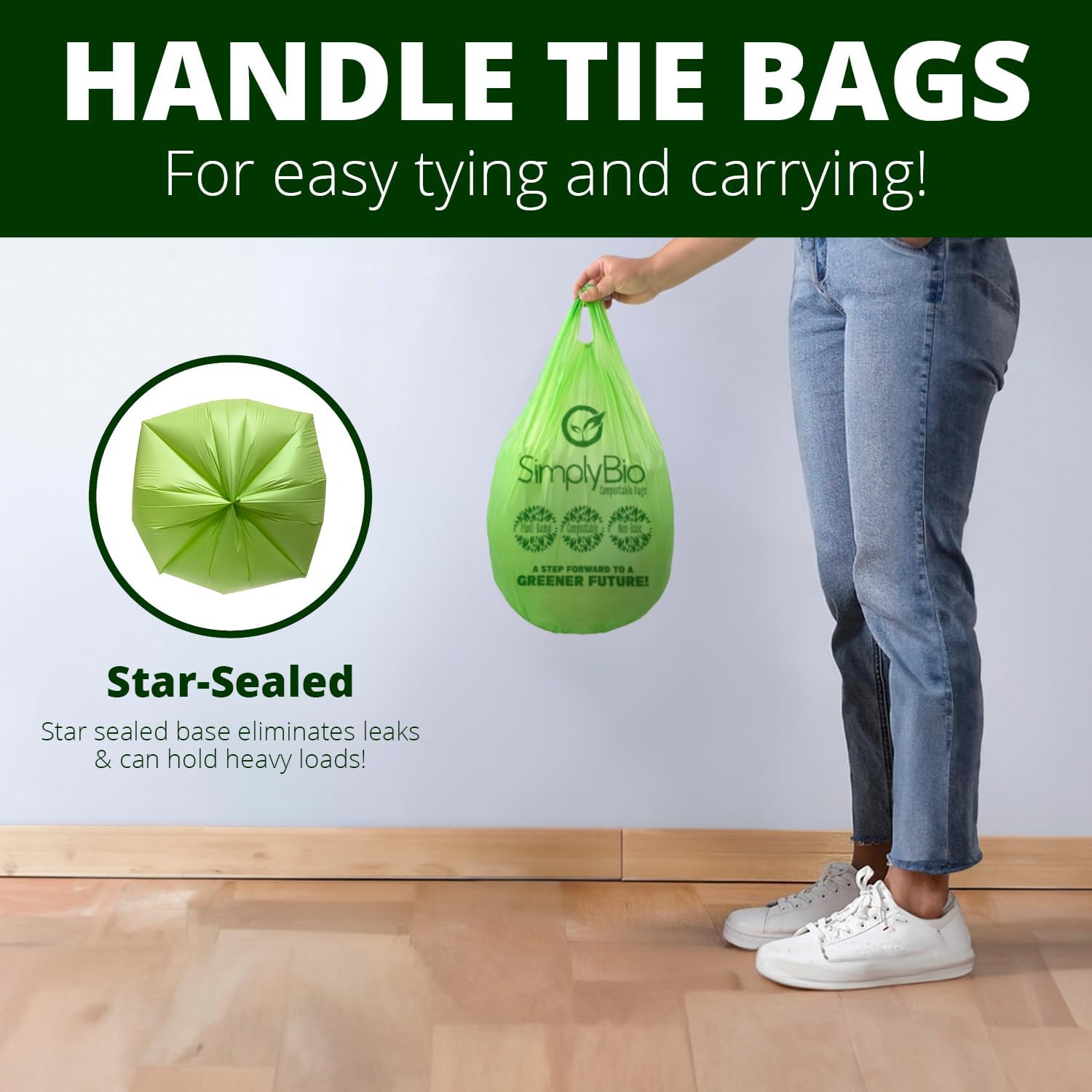 Simply Bio 1.6 Gallon Compostable Trash Bags Liners Handle, Heavy Duty Extra Thick 0.6 Mil, 6.06 Liter, 50 Bags, Small Kitchen Food Scrap Waste Bag, ASTM D6400, US BPI and OK Compost Home Certified