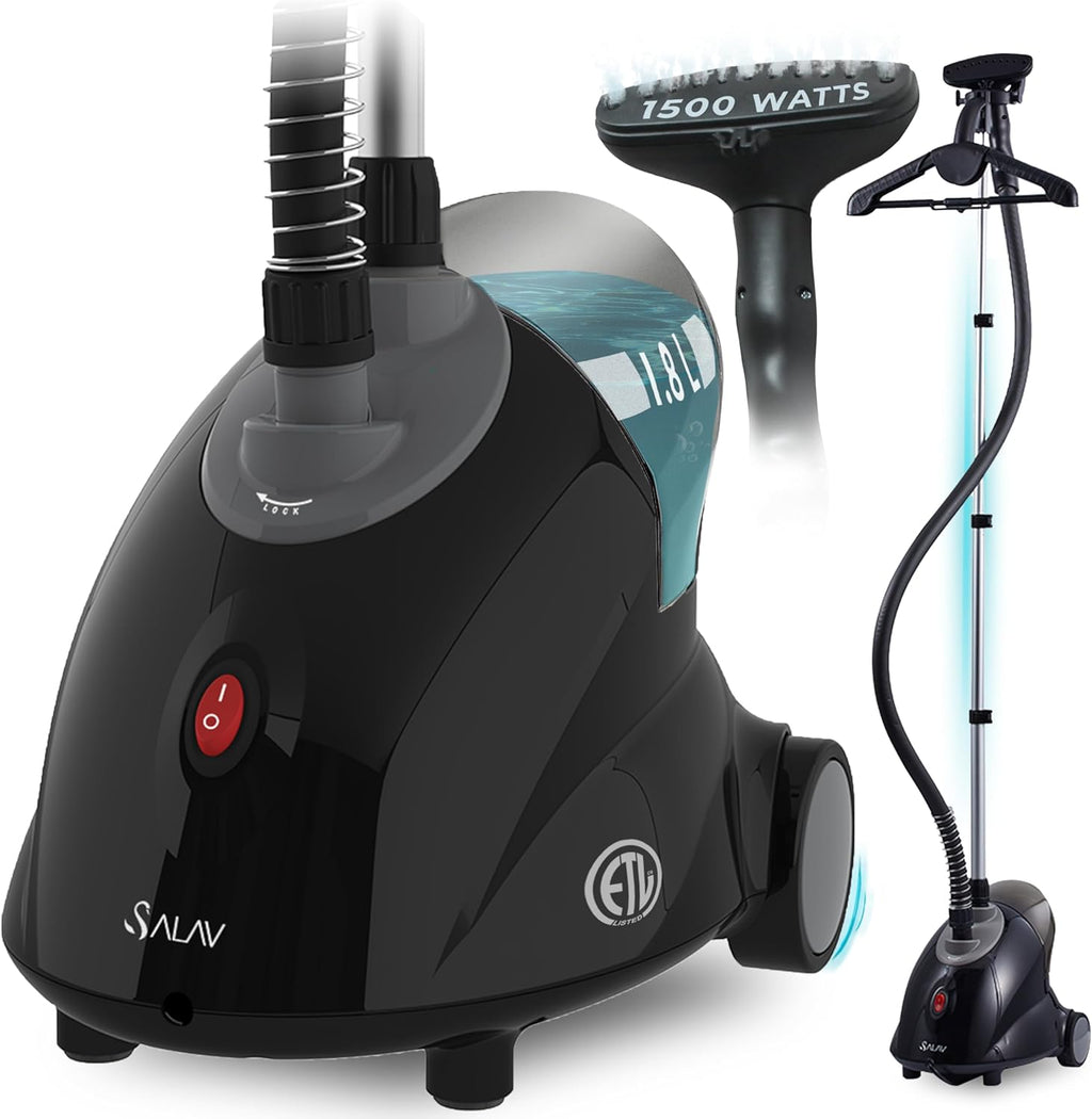 SALAV GS18-DJ Standing Garment Steamer with Roll Wheels for Easy Movement, 1.8L Water Tank for 1 Hour Continuous Steaming, Adjustable Pole for Storage, Includes Descaler Packet, 1500 watts