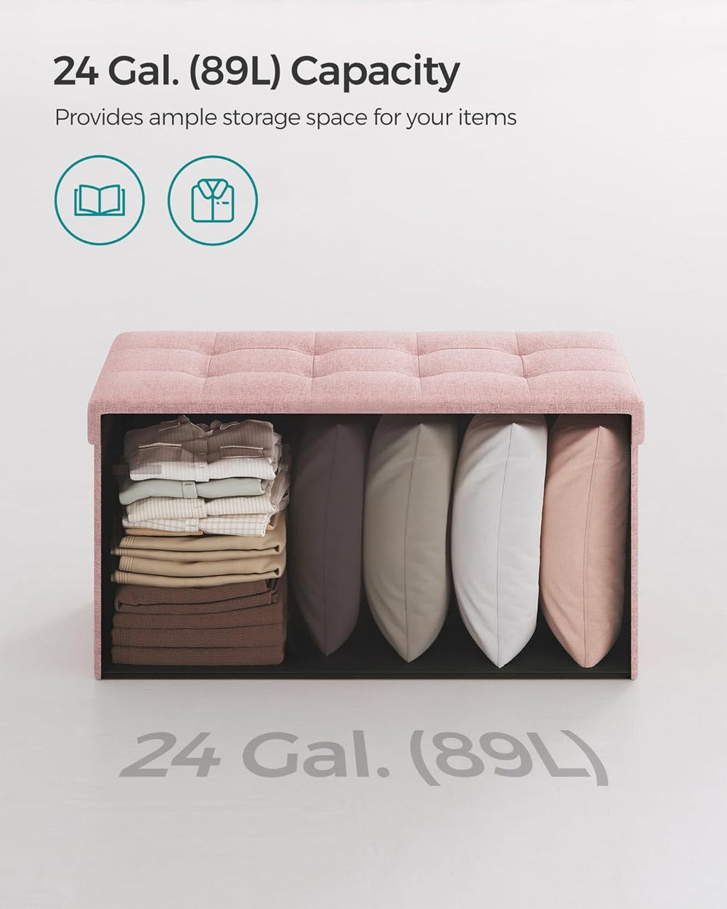 SONGMICS Mazie Collection - 30 Inches Folding Storage Ottoman Bench, Ottoman Foot Rest, End of Bed Bench, Storage Chest, Load 660 lb, for Living Room, Bedroom, Entryway, Jelly Pink ULSF047R11