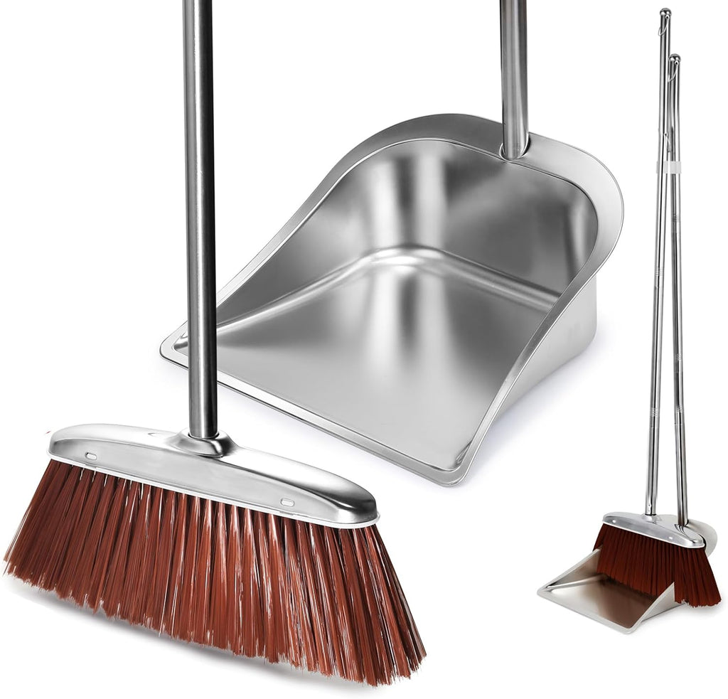 Broom and Dustpan Set for Home, 56" Kitchen Broom with Dustpan Combo Set, Heavy Duty Dustpans with Long Handle, Upright Metal Dust Pan Brooms for Sweeping Indoor Outdoor Home Office Lobby Floor