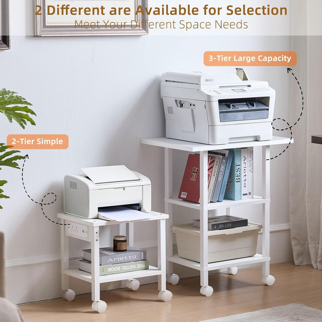 Lerliuo Under Desk Printer Stand with Charging Station, 2 Tier Wooden Small Printer Table with Storage, Rolling Printer Cart Shelf with Lockable Wheels for Home, Office (White)
