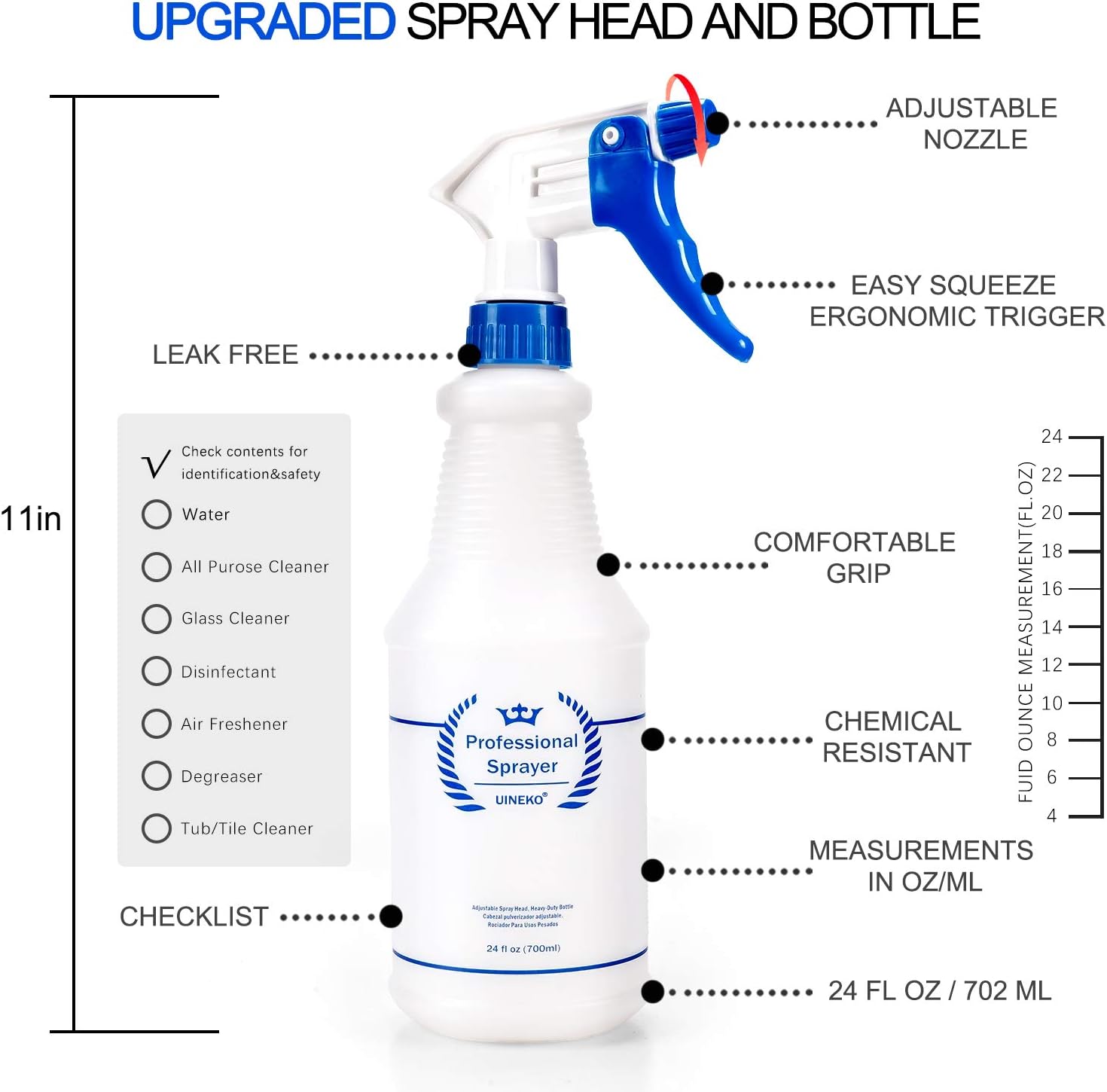Plastic Spray Bottle (3 Pack, 24 Oz, 3 Colors) Heavy Duty All-Purpose Empty Spraying Leak Proof Mist Water Bottles for Cleaning Solutions Plants Essential Oils Hair Pet with Adjustable Nozzle