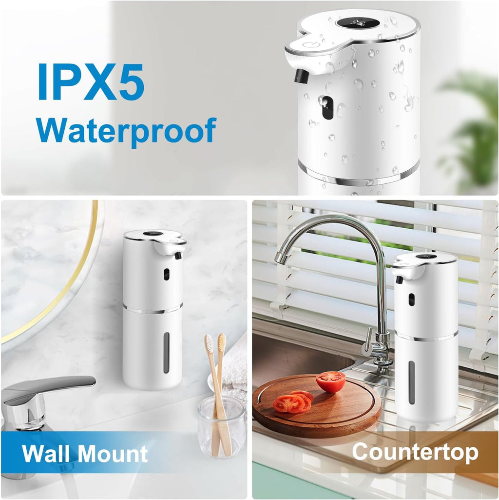 Automatic Liquid Soap Dispenser 12.8oz, Rechargeable & 6 Levels Soap Adjustable with Digital Display, Wall Mount, Waterproof, Touchless Hand/Dish Soap Dispenser for Kitchen, Bathroom, Hotel
