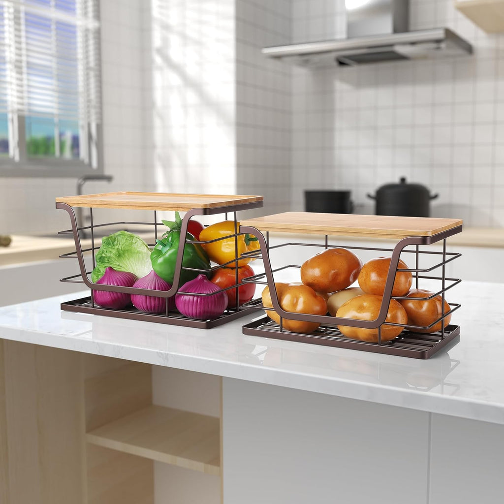 ALOCEO 2 Pack Large Pantry Baskets with Bamboo Lip, Stainless Steel Garbage Bag Holder Dispenser Countertop Storage, Stackable Kitchen Storage Bins for Fruit Onion Potato Vegetable, Brown