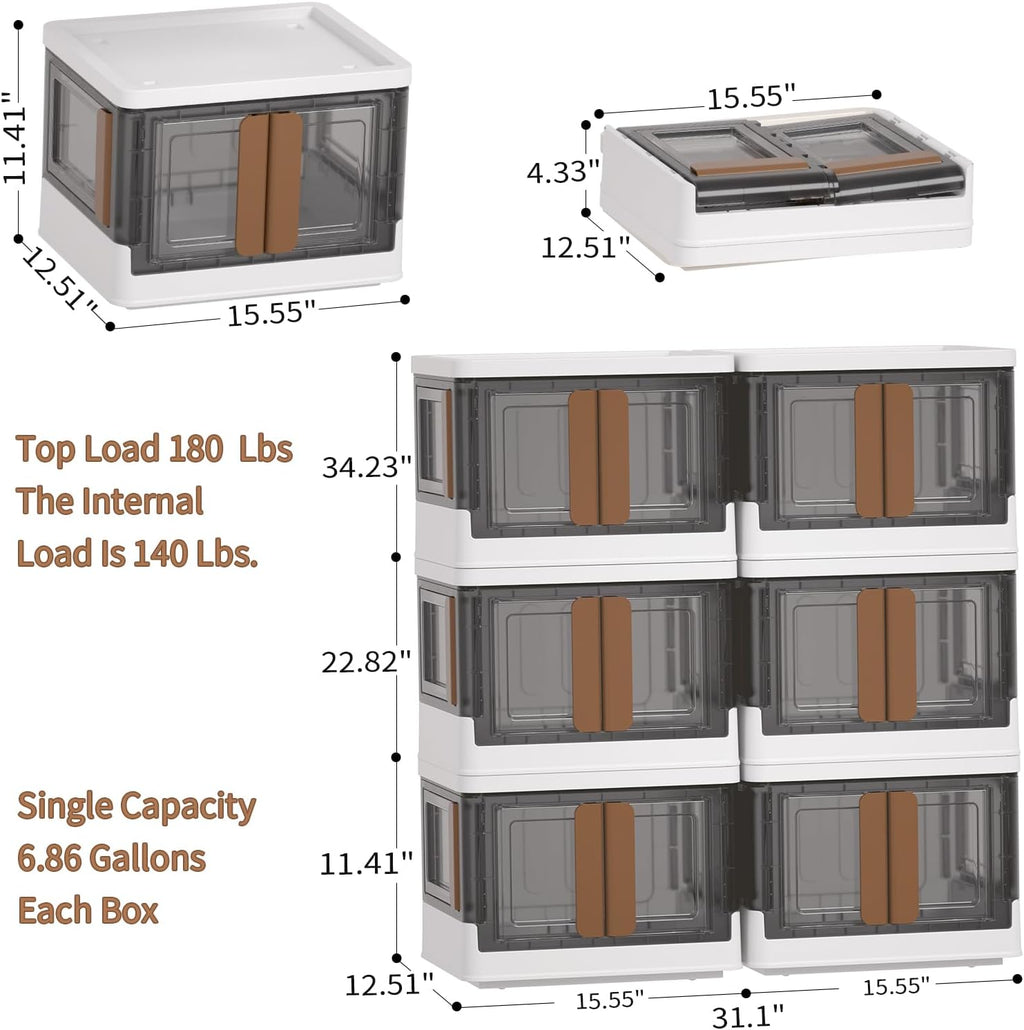 HAIXIN Folding Storage Bins with Left Doors and Right Doors Opening, 6.86 Gal Bookcase, Stackable Storage Cabinet, Plastic Shelves Organizer, Space-Saver Pantry Storage, Room Organization, 6 Pack