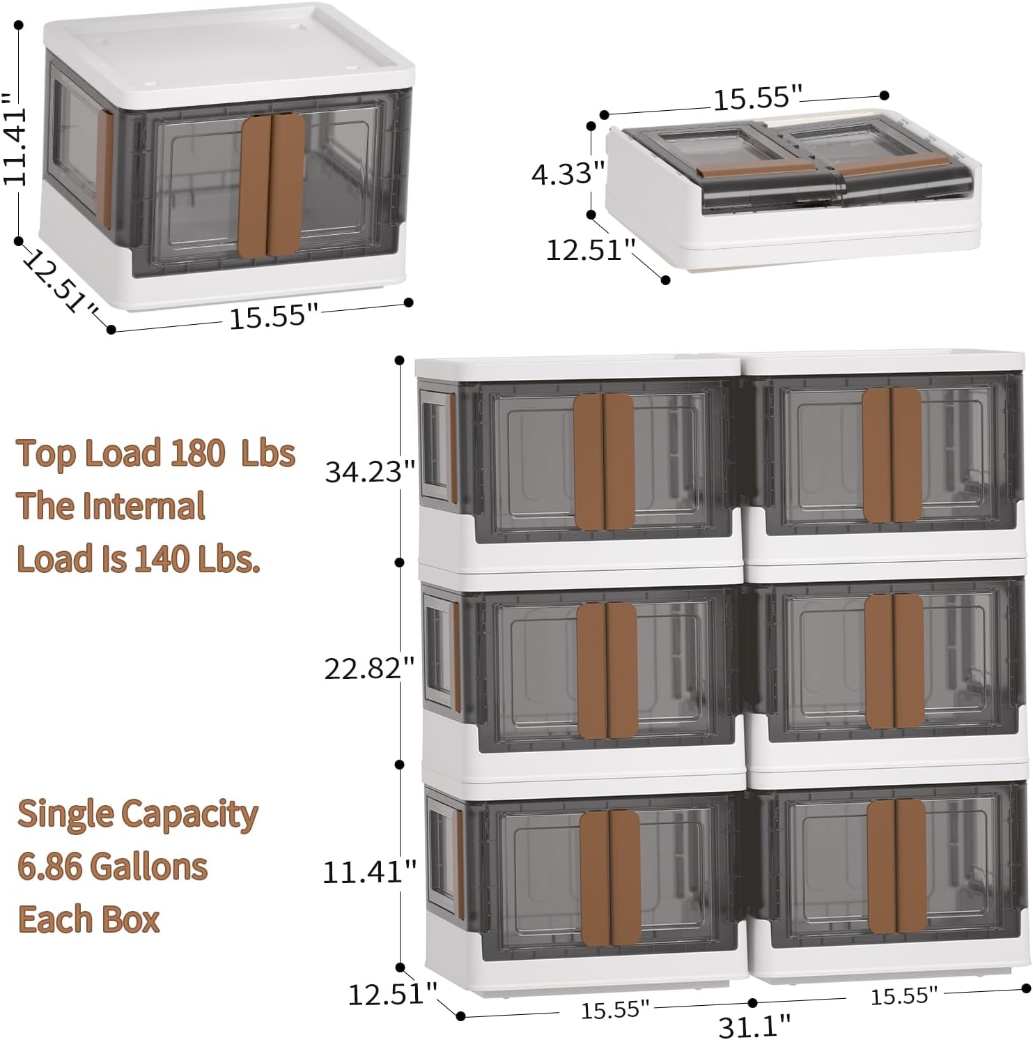 HAIXIN Folding Storage Bins with Left Doors and Right Doors Opening, 6.86 Gal Bookcase, Stackable Storage Cabinet, Plastic Shelves Organizer, Space-Saver Pantry Storage, Room Organization, 6 Pack