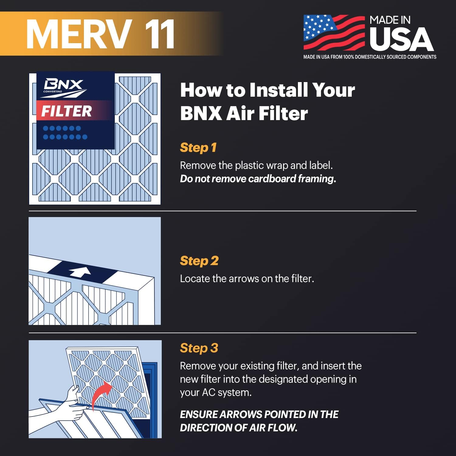BNX TruFilter 16x20x1 Air Filter MERV 11 (6-Pack) - MADE IN USA - Allergen Defense Electrostatic Pleated Air Conditioner HVAC AC Furnace Filters for Allergies, Dust, Pet, Smoke, Allergy MPR 1200 FPR 7