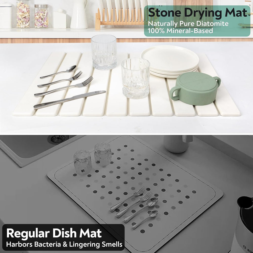 Large Stone Drying Mat for Kitchen Counter, 24x16 Foldable Self Stone Dish Drying Mat, Absorbent Food Grade Diatomaceous Earth Dish Dry Mats for Sink Bathtub