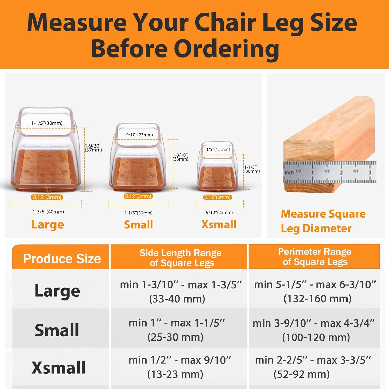 36 Pcs Square Chair Leg Floor Protectors, Felt Furniture Pads for Hardwood Floors, Chair Leg Protectors for Hardwood Floors, Floor Protectors for Chairs, No Scratches and Reduce Noise - Large Size
