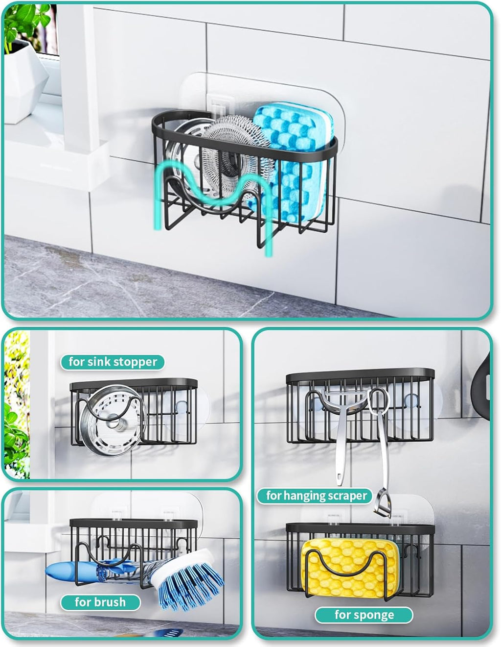 HapiRm Multifunctional Sponge Holder with Unique M-Shaped, 2 Installation Methods Kitchen Sink Caddy Organizer, Rustproof Stainless Steel Sponge Caddy for Brush, Sink Stopper and Scraper -Black