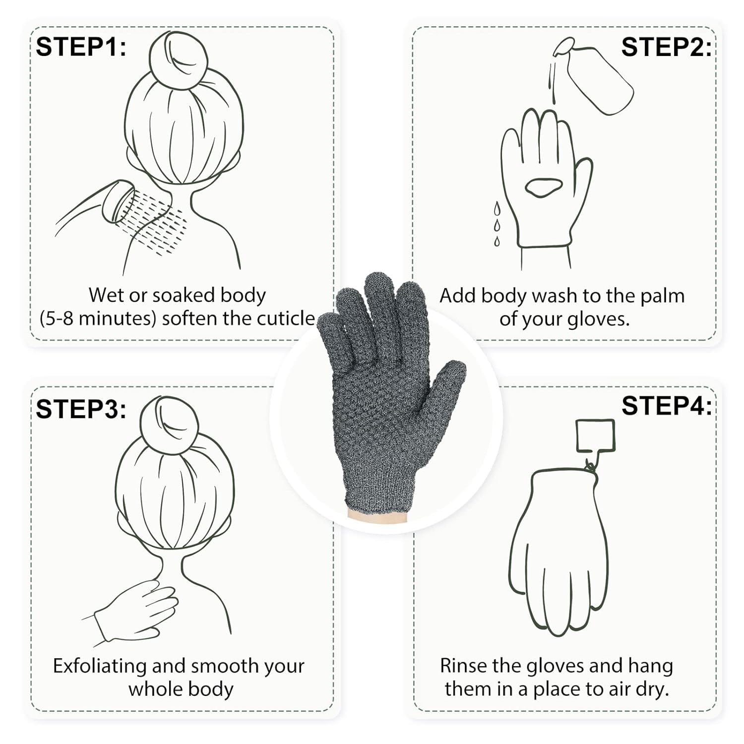 Evridwear Exfoliating Dual Texture Bath Gloves for Shower, Spa, Massage and Body Scrubs, Dead Skin Cell Remover, Gloves with Hanging Loop (1 Pair Gray Heavy Glove)