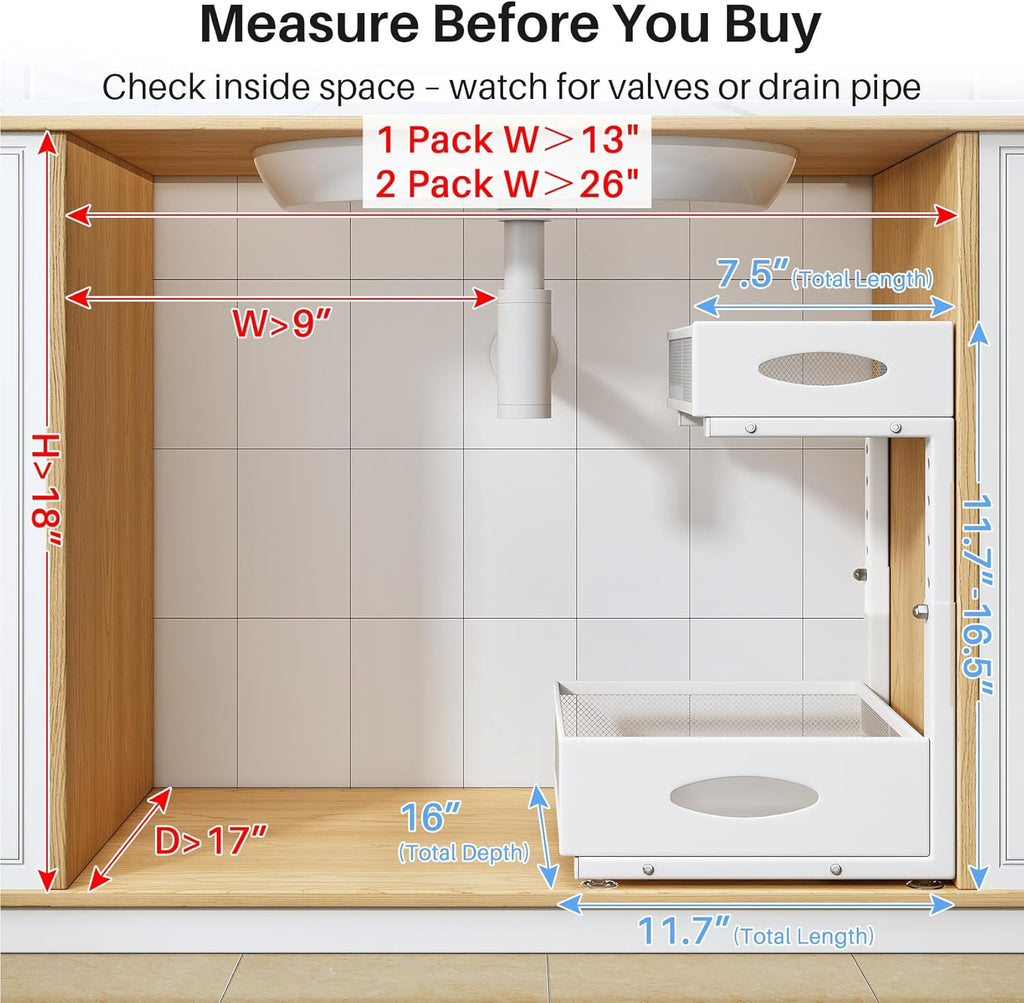 Under Sink Organizer, 2 Tier Pull Out Under Cabinet Organizer Shelf with Pad for Framed Cabinets, Metal Slide Out Under Sink Storage, Mesh Sliding Drawers for Kitchen Bathroom Laundry(White, 1 Pack)