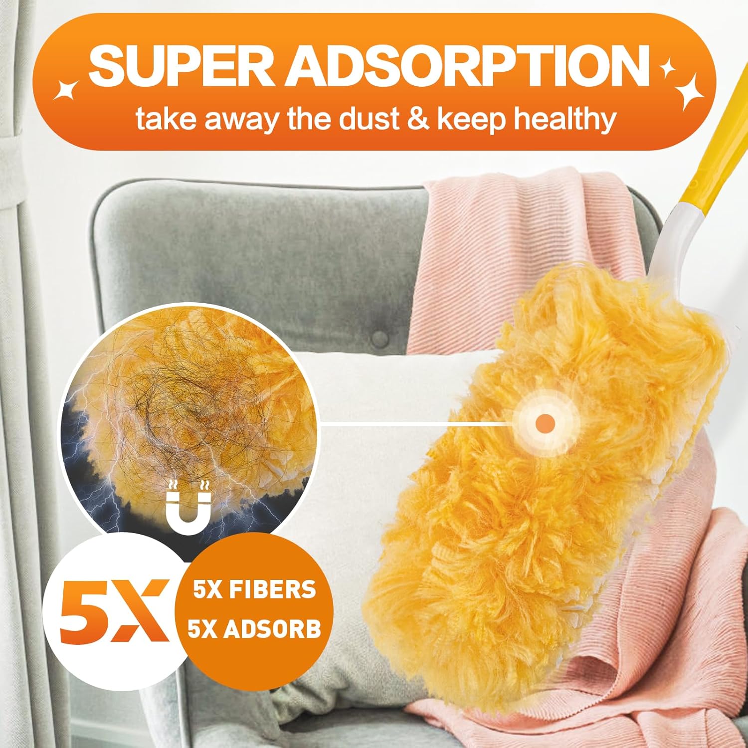 Heavy Duty Duster Refills, Disposable Dusters Kit for Cleaning Dusting Furniture Blind Ceiling Fan, Multi Surface 360 Feather Duster(60)+3FT Extended Handle +1 Handle