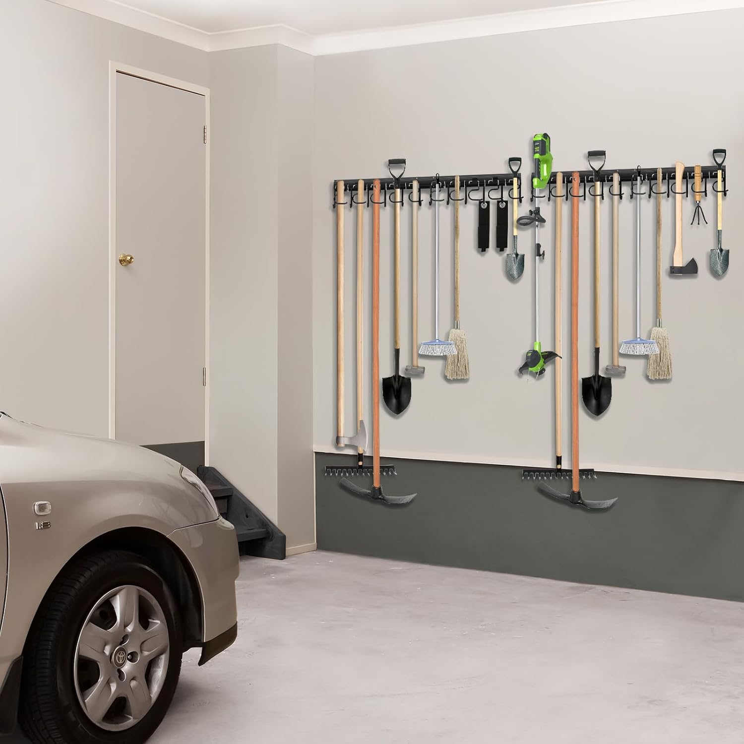 LEYU Metal Garage Tool Organizer Wall Mount, 2 Pack Garden Tool Organizer With Extension Cord Straps, Garage Organization Hooks and Hangers for Shed, Yard Storage, Wall Holder for Hanging Broom Mop