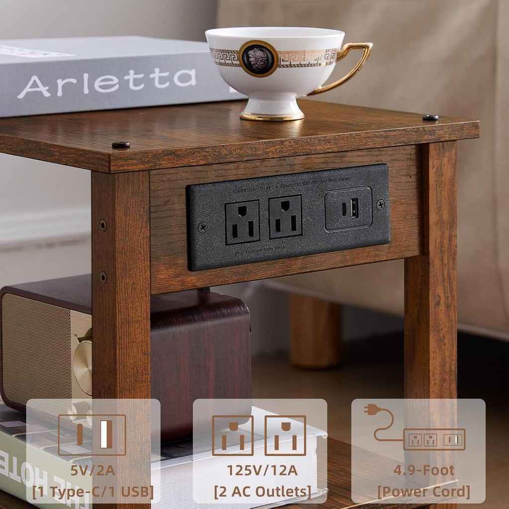 Lerliuo Under Desk Printer Stand with Charging Station, 2 Tier Wooden Small Printer Table with Storage, Rolling Printer Cart Shelf with Lockable Wheels for Home, Office (Brown)