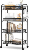 TOOLF 4-Tier Rolling Cart, Metal Utility Cart with 3 Hooks, Easy Assemble Mobile Storage Trolley On Wheels, Metal Shelving Units Kitchen Bathroom Laundry Room