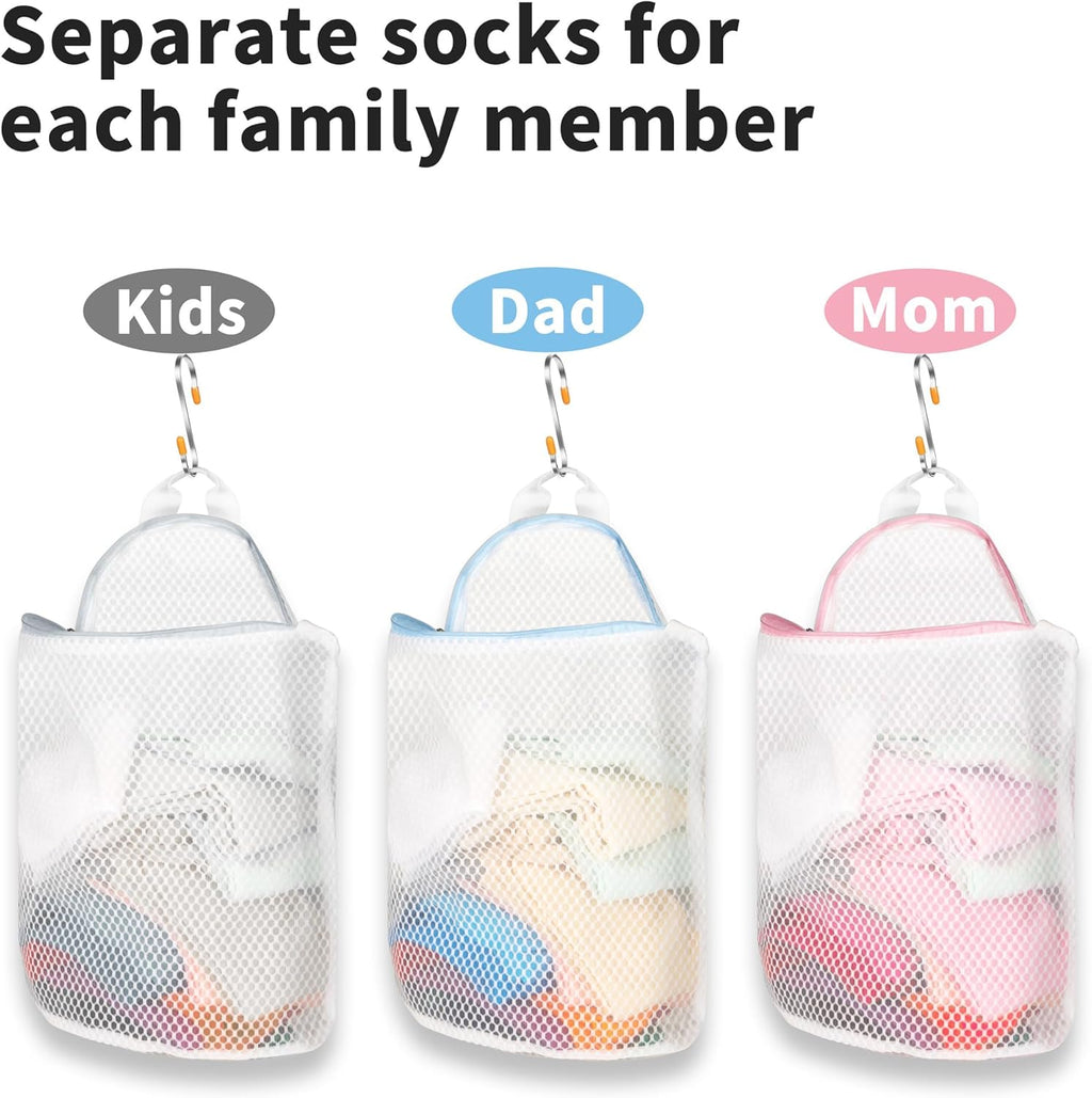 3Pcs Hanging Laundry Bags for Socks with S Hooks, 12 X 10 inch 3 Color Mesh Laundry Bags for Washing Machine